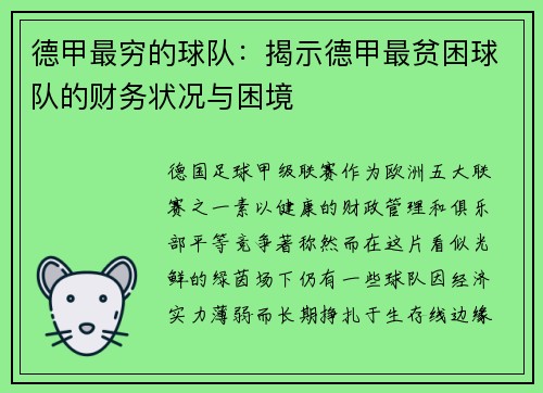 德甲最穷的球队：揭示德甲最贫困球队的财务状况与困境